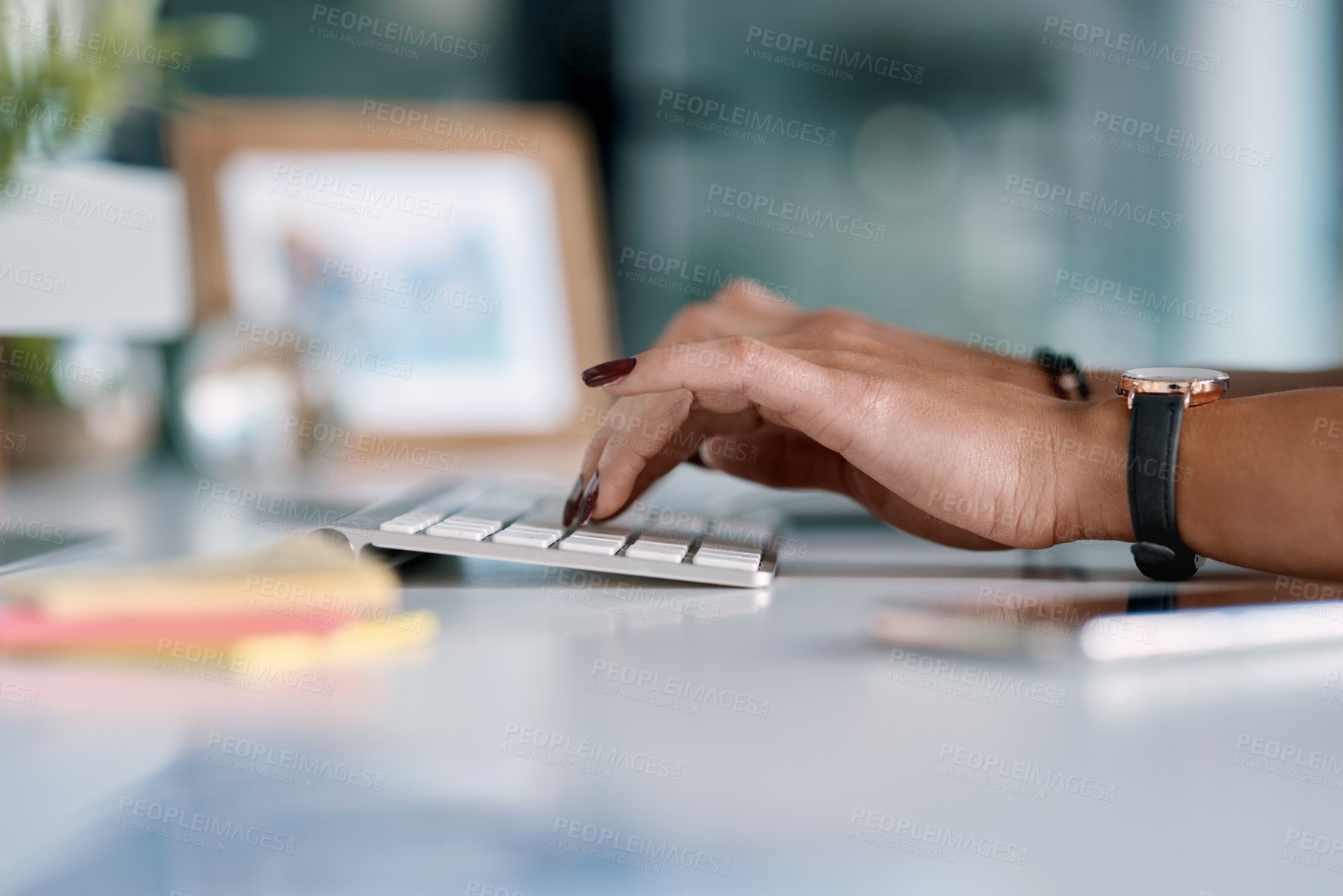 Buy stock photo Woman, hand and typing on keyboard in office for email or  communication, task management and spreadsheet for time tracking. Business, entry and report or document for productivity and deadline