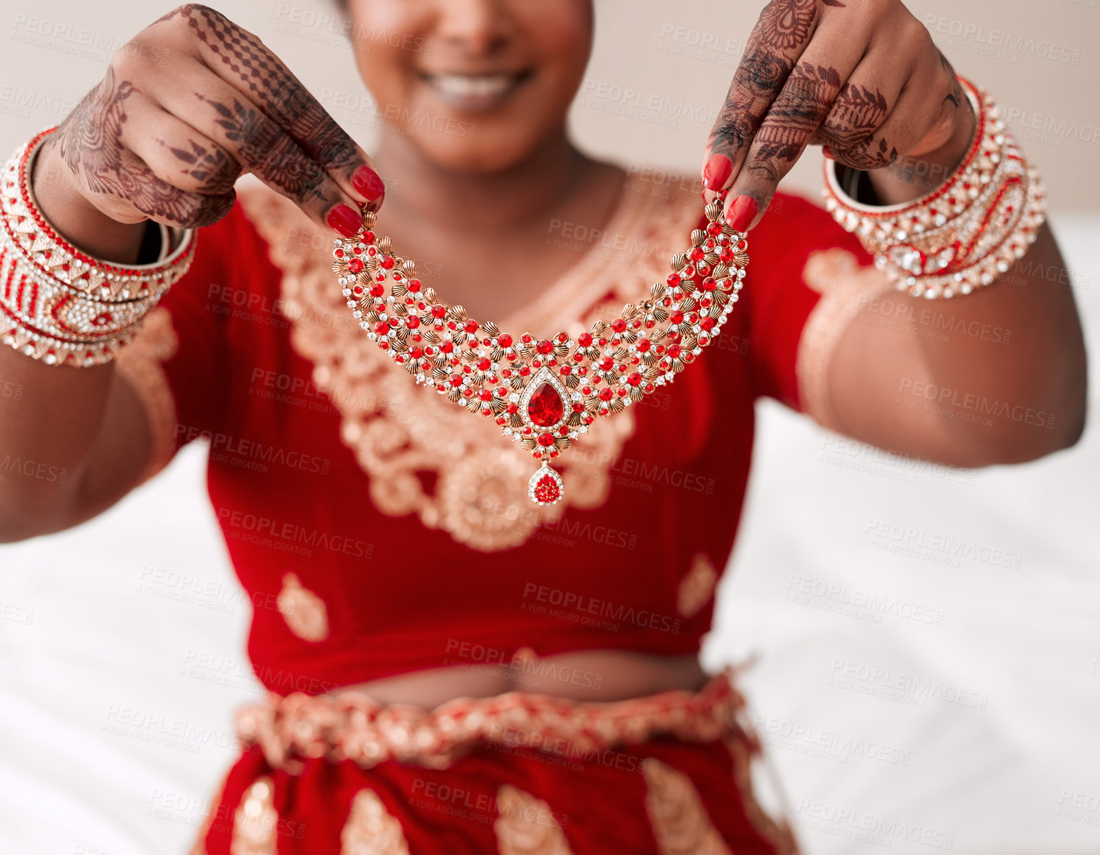 Buy stock photo Indian, bride and hands with henna, necklace and morning of wedding, luxury and culture for woman. Celebration, jewellery and person in bedroom with clothes, ready and traditional for event in Dubai