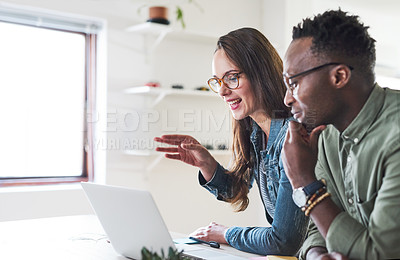 Buy stock photo Team at startup, laptop and video call with collaboration in virtual meeting, people working together in workplace. Black man, woman and strategy discussion seminar on pc, teamwork and communication