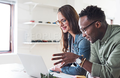 Buy stock photo Team at startup, laptop and video call with partnership, virtual meeting and people working together in workplace. Black man, woman and strategy discussion seminar on pc, teamwork and communication