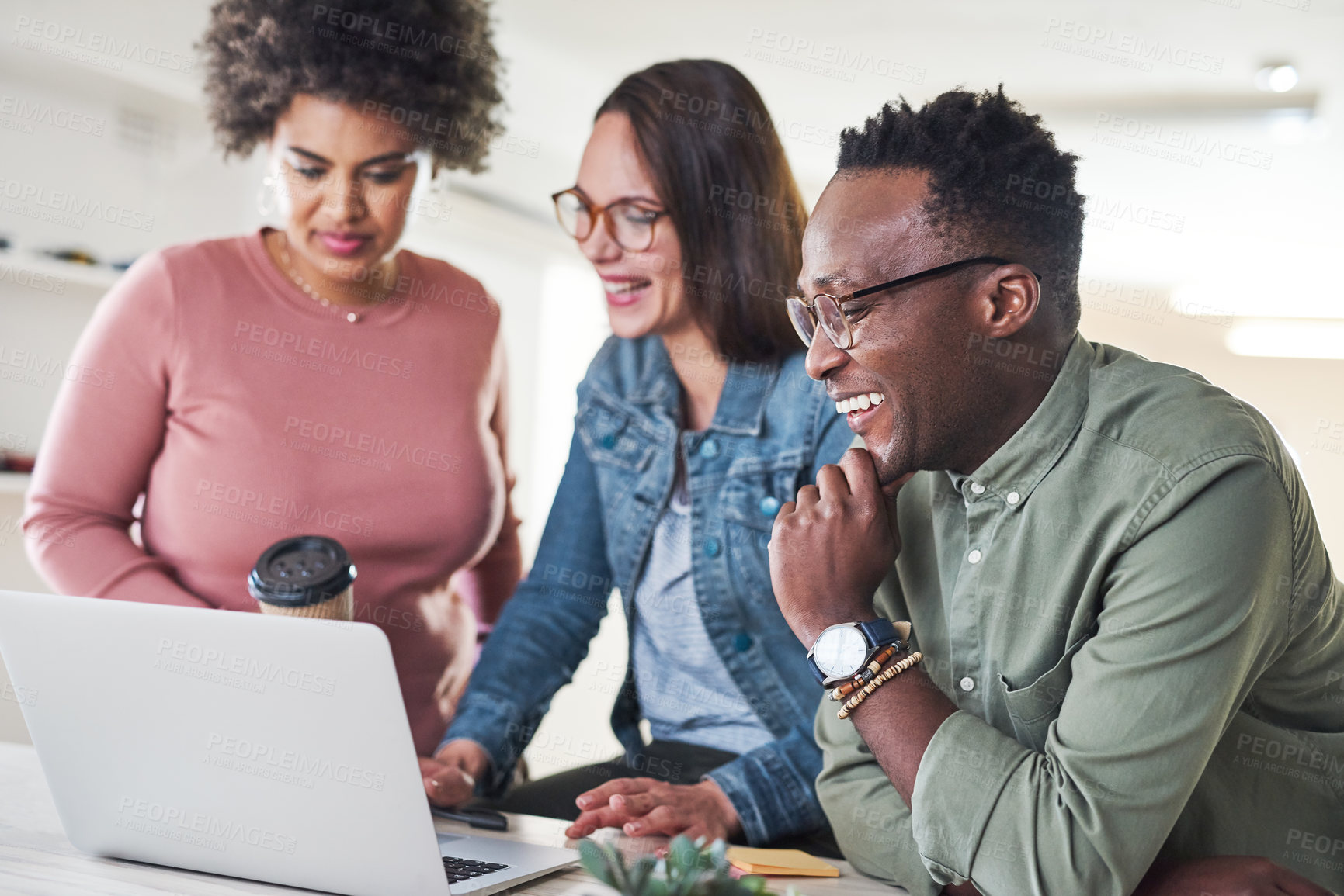 Buy stock photo Team, laptop and meeting with collaboration, people work together at digital marketing startup. Black man, women and diversity, strategy discussion with pc and teamwork with communication in office