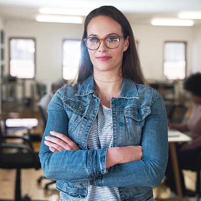 Buy stock photo Startup, woman and portrait in office with confidence, smile and leadership. Entrepreneur, happy and arms crossed at team for creativity, project management and small business in design industry