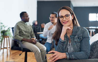 Buy stock photo Portrait, thinking and business woman with coffee on break in startup or coworking office. Face, smile and professional worker in glasses at graphic design company for internship with creative team