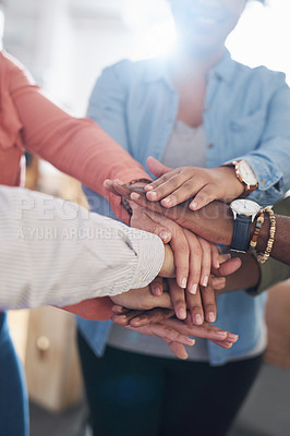 Buy stock photo Hands together, team building and support with diversity, collaboration and creative group at startup. Motivation, solidarity and trust with teamwork, hand stack for goal with people in community