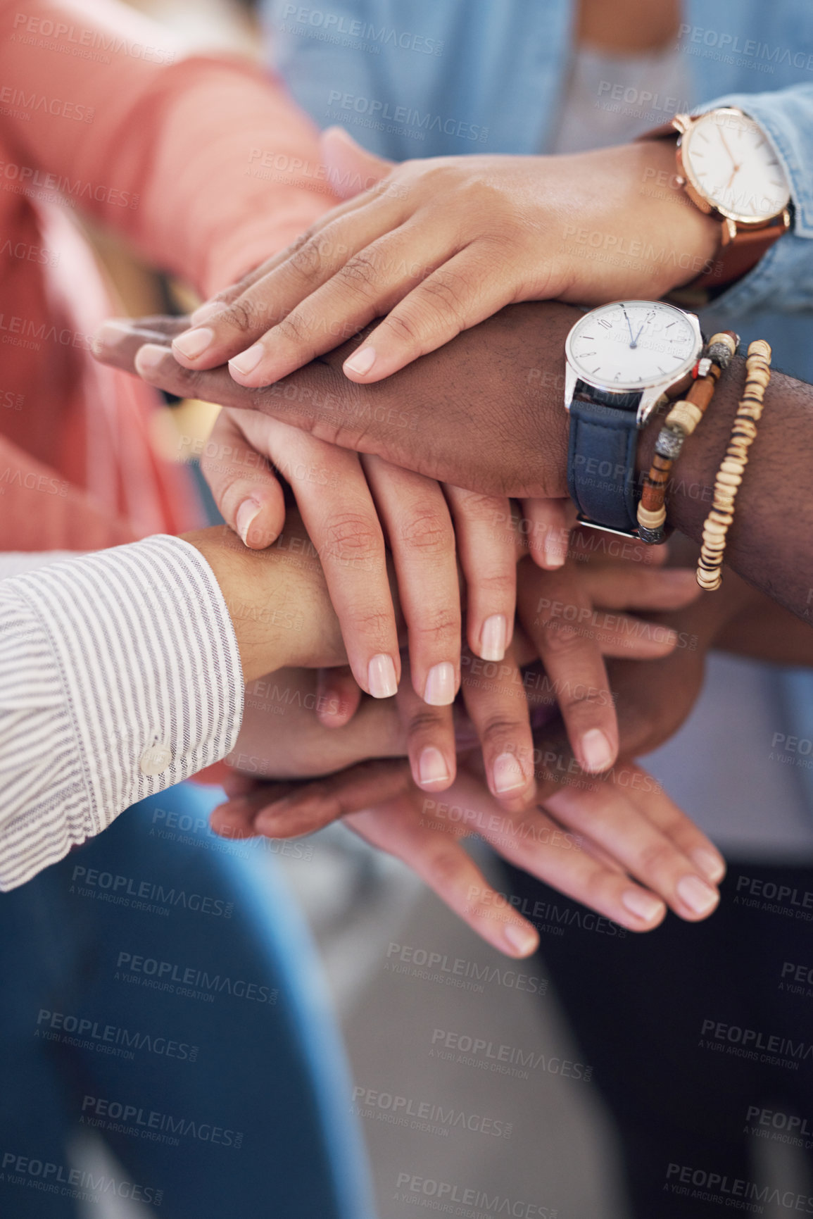 Buy stock photo Hands together, team building and trust with diversity, collaboration and creative group at startup. Motivation, solidarity and support with teamwork, hand stack for a goal with people in community