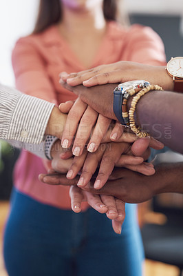 Buy stock photo Closeup of hands together, team and support, collaboration and diversity in creative group at startup. Motivation, solidarity and trust with teamwork, hand stack and people in professional community