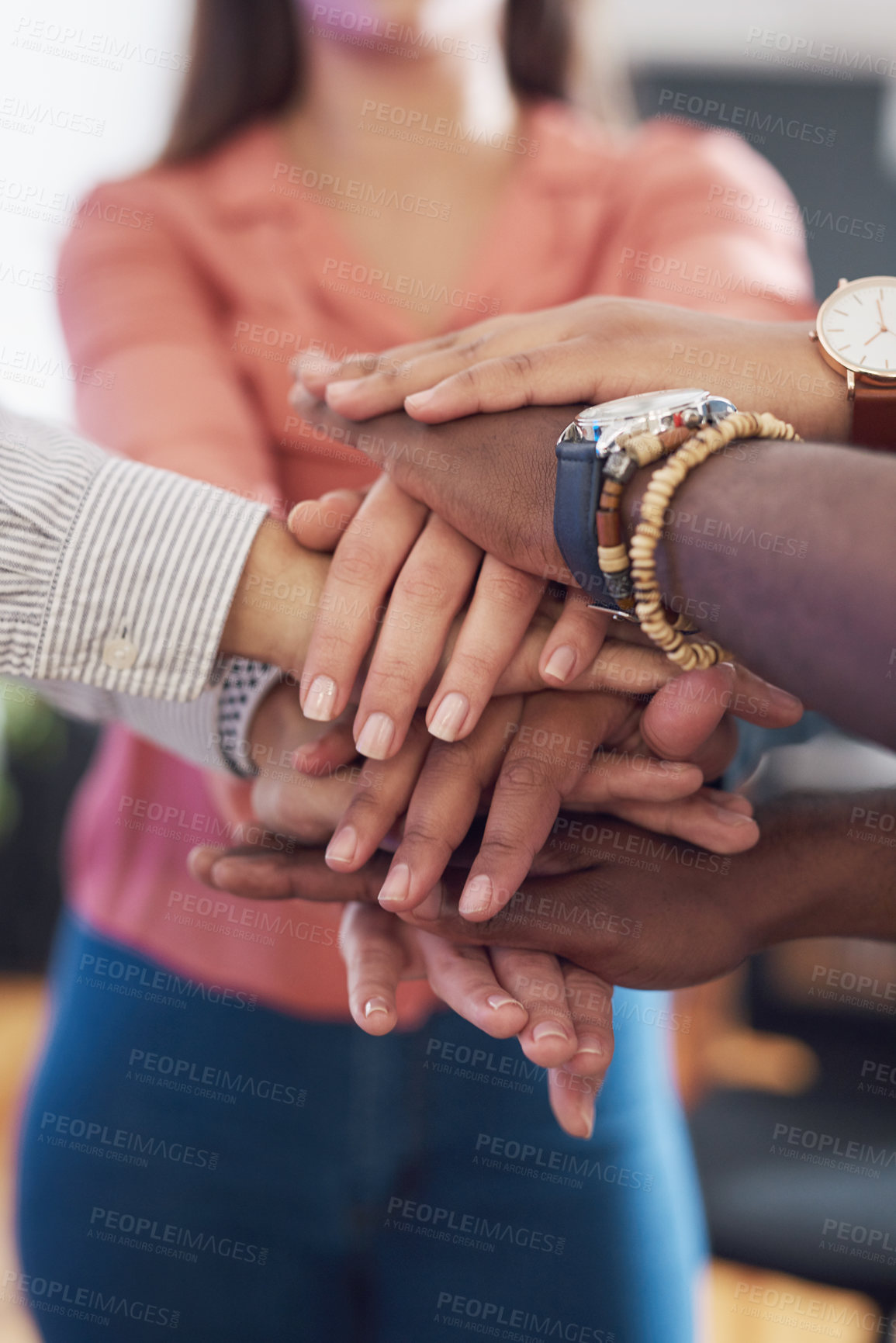 Buy stock photo Closeup of hands together, team and support, collaboration and diversity in creative group at startup. Motivation, solidarity and trust with teamwork, hand stack and people in professional community