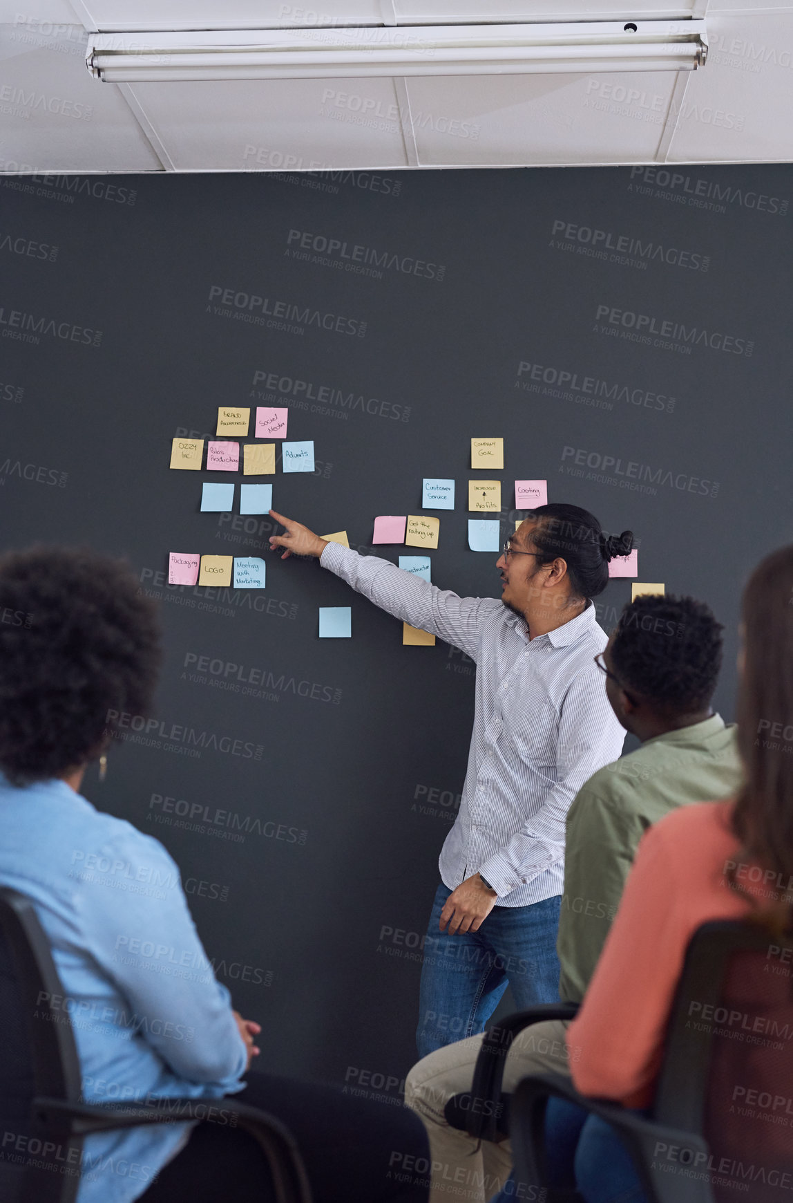 Buy stock photo Collaboration, brainstorming and planning with team at startup, sticky note and communication in presentation. People in meeting, teamwork and strategy workshop, ideas with presenter and audience