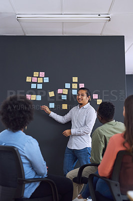Buy stock photo People in meeting, brainstorming and presentation with team in office, sticky note and communication at startup. Collaboration, teamwork and strategy workshop, ideas with presenter and audience