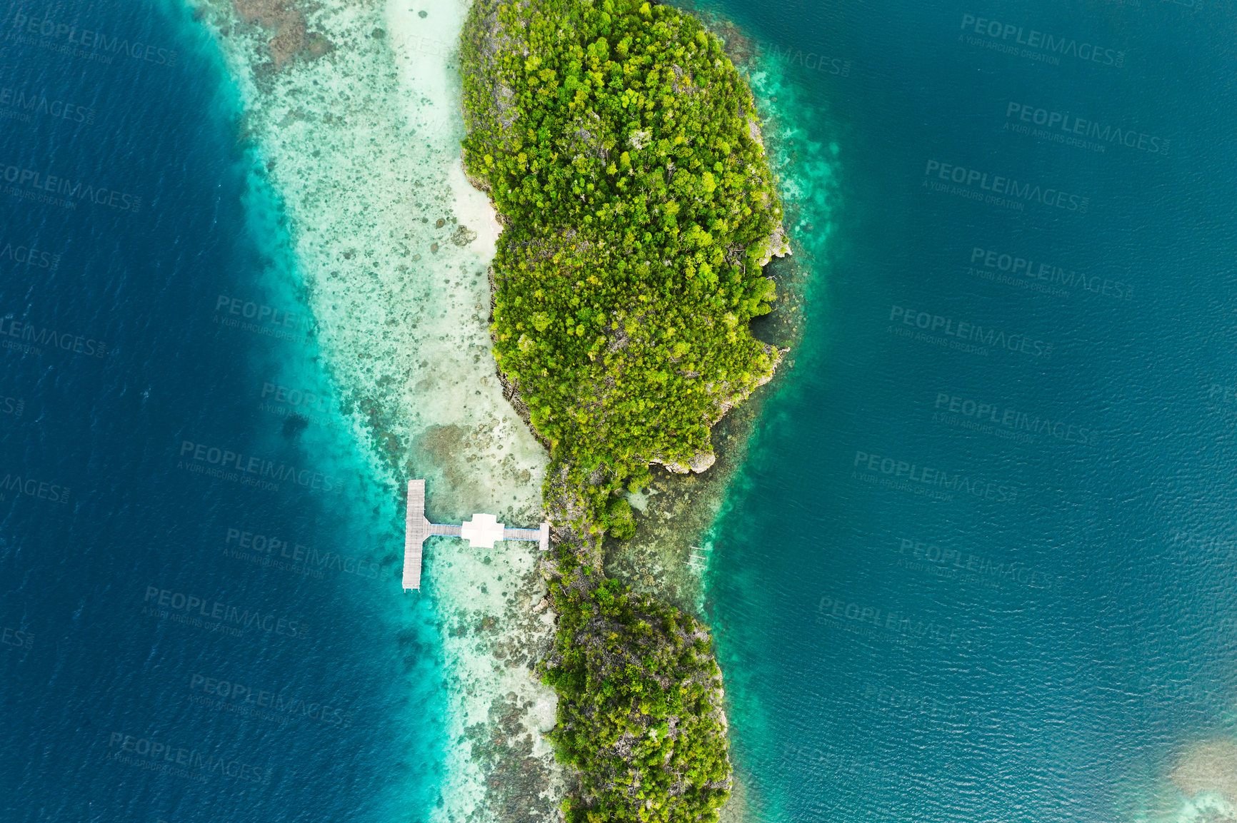 Buy stock photo Travel, top view and landscape of island for adventure, holiday and summer vacation in Mauritius. Nature, seascape and aerial drone of destination in tropical water, ocean and traveling on islands