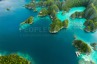 Buy stock photo Nature, drone view and ocean with greenery on a tropical island at a summer vacation resort. Environment, lake water and aerial view of outdoor sea with forestry mountains and plants in environment.