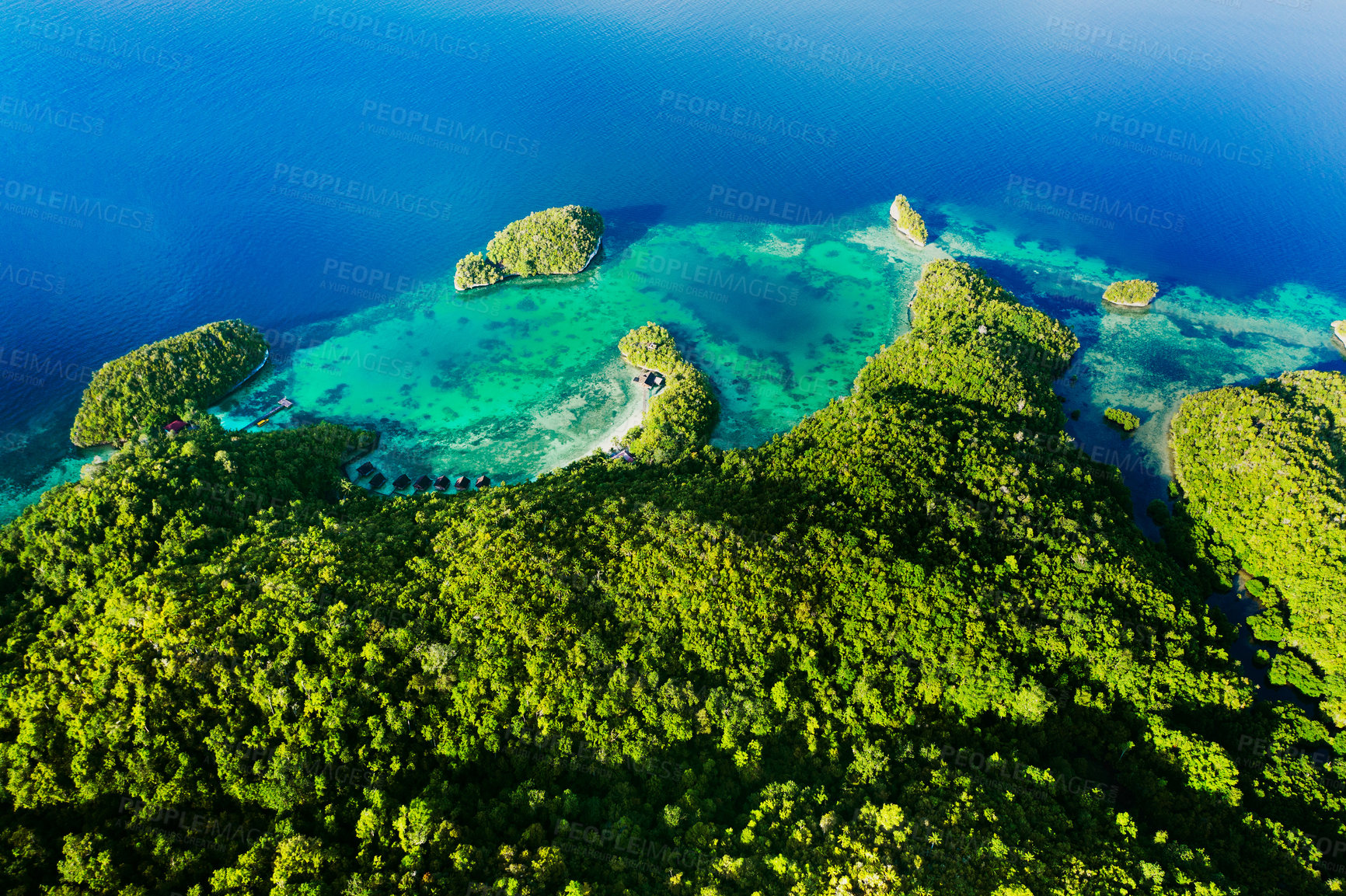 Buy stock photo Island, nature and drone view of freedom, travel and explore, travel and trip with zen. Tropical, water and location for tourism, peace and beautiful scenery, earth and summer in Fiji from above