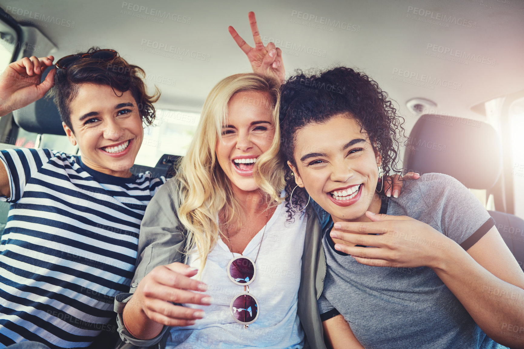 Buy stock photo Friends, women and excited in car with peace sign on portrait for traveling, road trip and holiday. Journey, people and happy as passenger on vehicle or taxi for tour, vacation and adventure