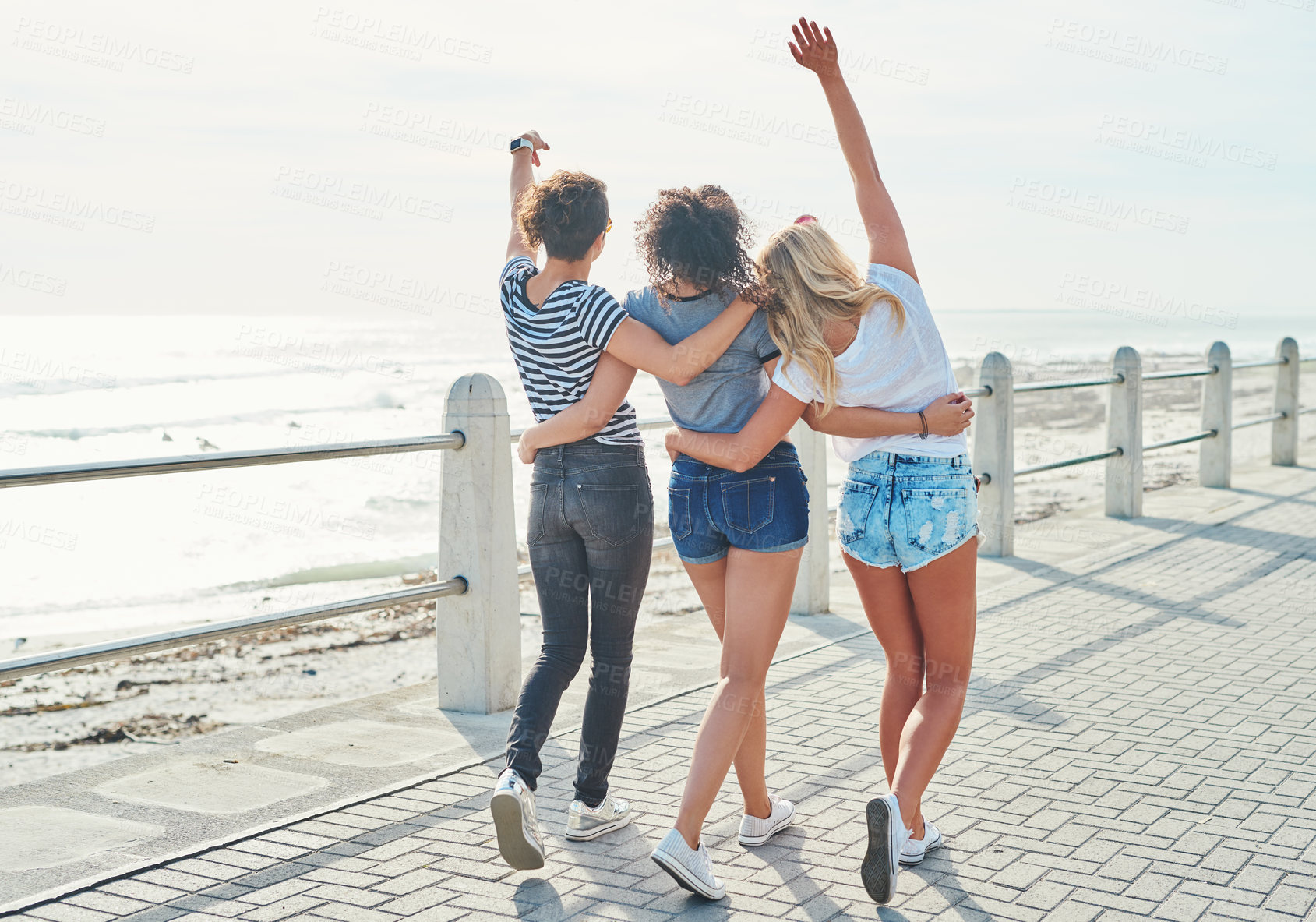 Buy stock photo Friends, back and hug with walking on beach for vacation adventure, summer bonding and support together. Women, freedom and embrace for travel care, holiday trip and sightseeing of Florida outdoor