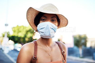 Buy stock photo Covid, portrait and woman in travel with face mask for health and on city background. Compliance, safety for wellness and female person outdoors with facial protection for corona virus pandemic