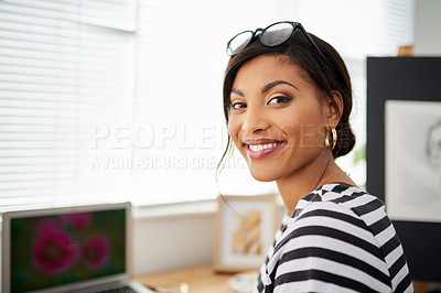 Buy stock photo Portrait of an attractive young artist working inside her studio at home