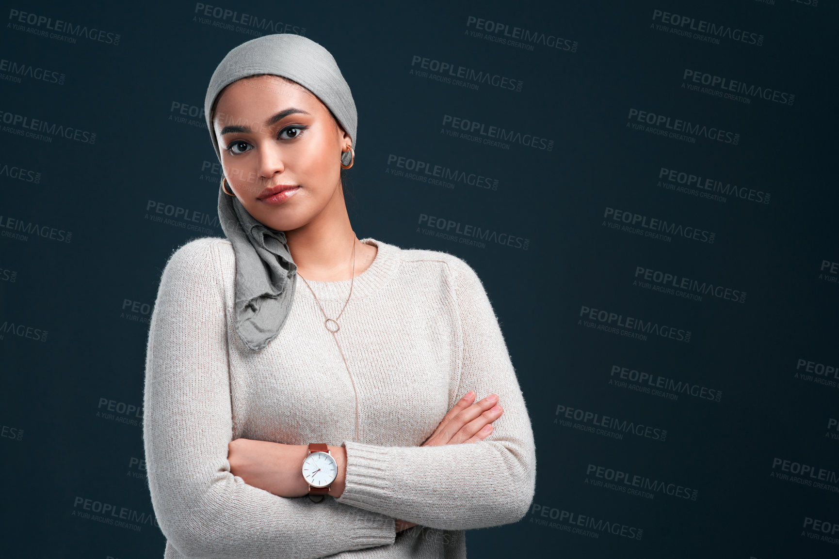 Buy stock photo Portrait, woman and hijab in black background for Muslim holiday or Eid Mubarak with arms crossed. Female person, Islam and confident in studio backdrop in headscarf with respect, pride for religion