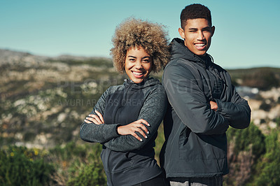 Buy stock photo Fitness, confidence and portrait of happy team in nature for workout, exercise and ready for training outdoor. Face, African man and woman with arms crossed for wellness and healthy body in winter