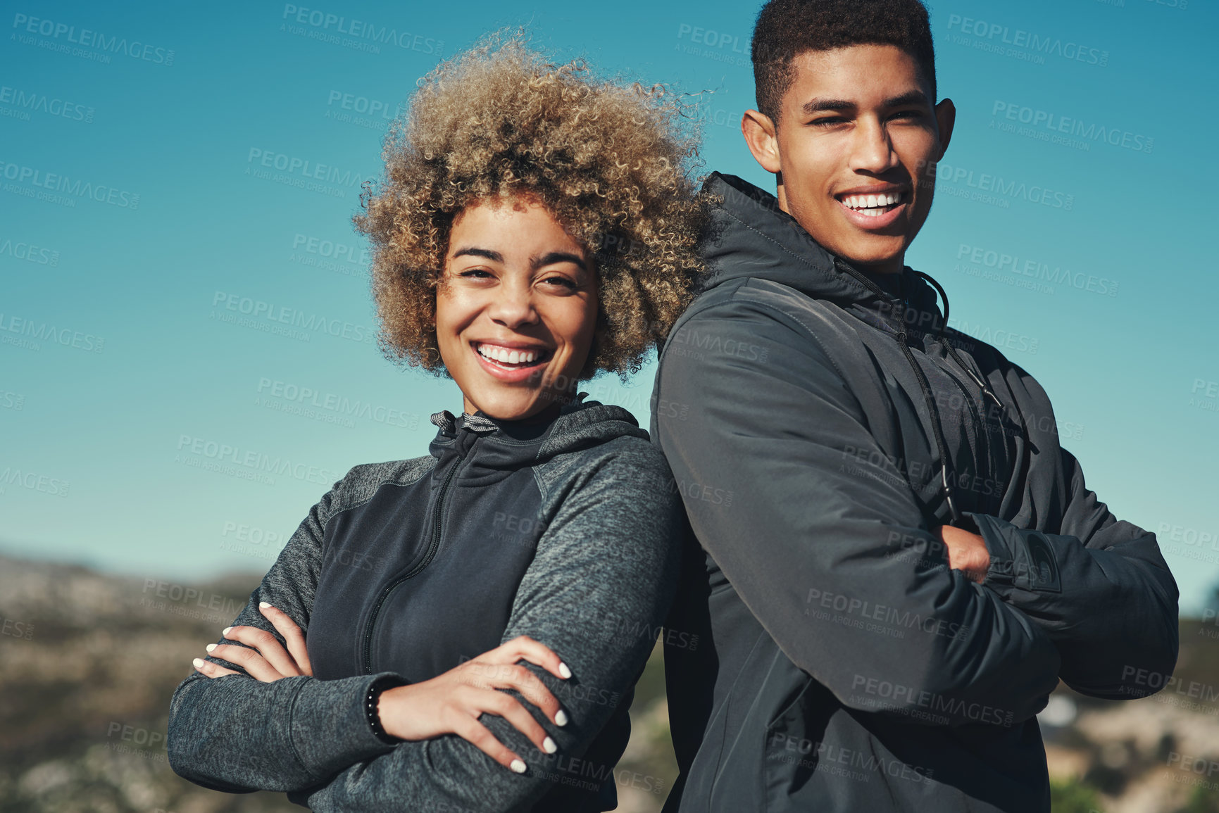 Buy stock photo Portrait of a happy young couple out for a run