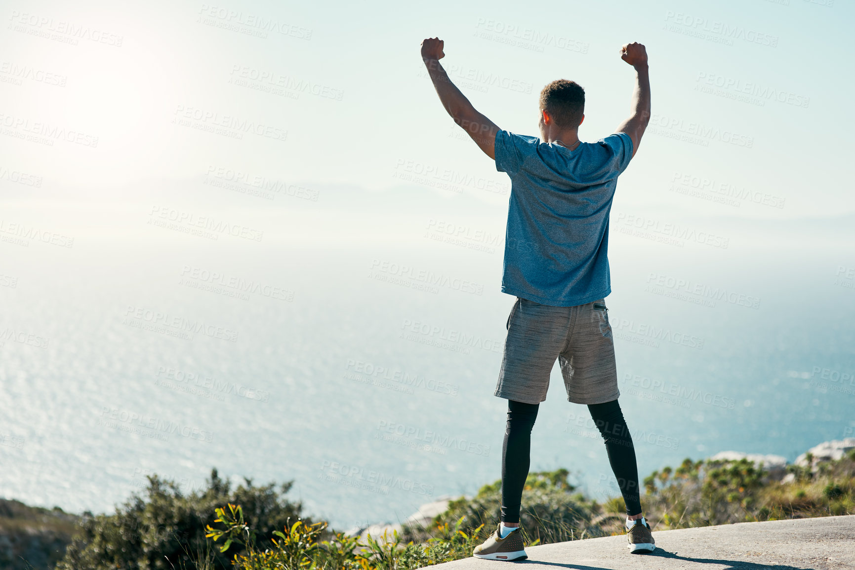 Buy stock photo Back, fitness or man on mountain for victory, achievement or arms up at ocean mockup. Success, athlete or celebrate in nature space for wellness, winner or exercise goal with horizon view for freedom