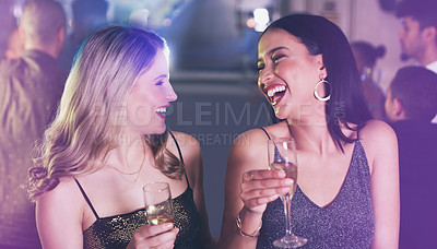 Buy stock photo Friends, drinks and party at nightclub to celebrate champagne glass, happiness and new years or birthday energy with funny conversation. Girls at club, event or disco for happy hour celebration