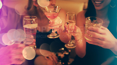Buy stock photo Drinks, toast and friends party celebration in nightclub together for birthday, new year event or club. Champagne, cheers glass and group of people celebrate friendship, happiness and fun nightlife