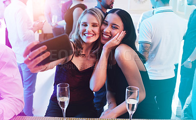 Buy stock photo Friends, selfie and wine with women at party for new year celebration, birthday and cocktail event. Social, happy hour and phone with girls and drinks at night club for disco, energy and music event