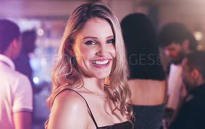 Buy stock photo Portrait, happy or woman in a party at night social event in celebration of New Year or birthday in Los Angeles. Face, clubbing or beautiful young girl model smiles to celebrate happiness or holiday