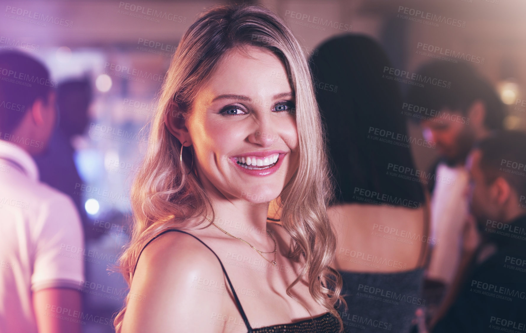 Buy stock photo Portrait, happy or woman in a party at night social event in celebration of New Year or birthday in Los Angeles. Face, clubbing or beautiful young girl model smiles to celebrate happiness or holiday