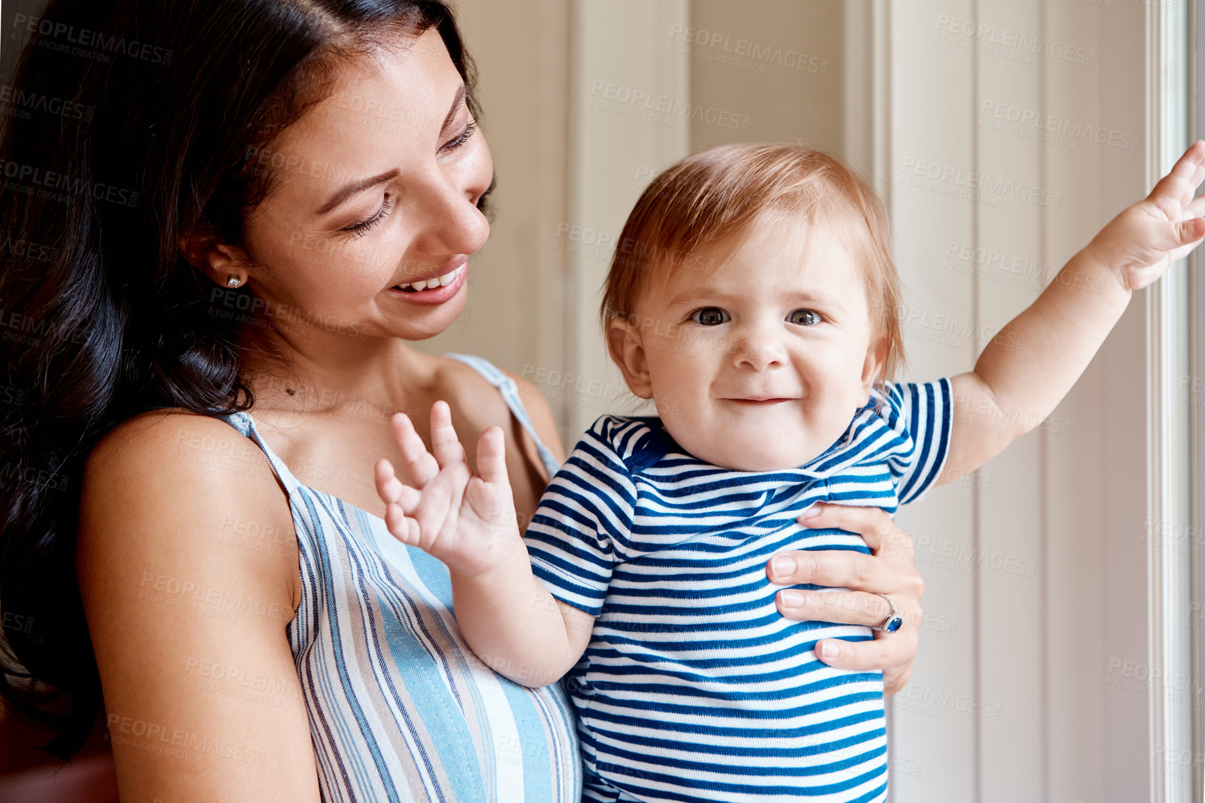 Buy stock photo Happy, bonding and mother with baby in home with love, care and family time together on weekend. Smile, security and portrait of boy infant with mom for connection, development or growth in house.