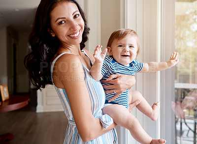 Buy stock photo Portrait of a mother bonding with her baby boy at home