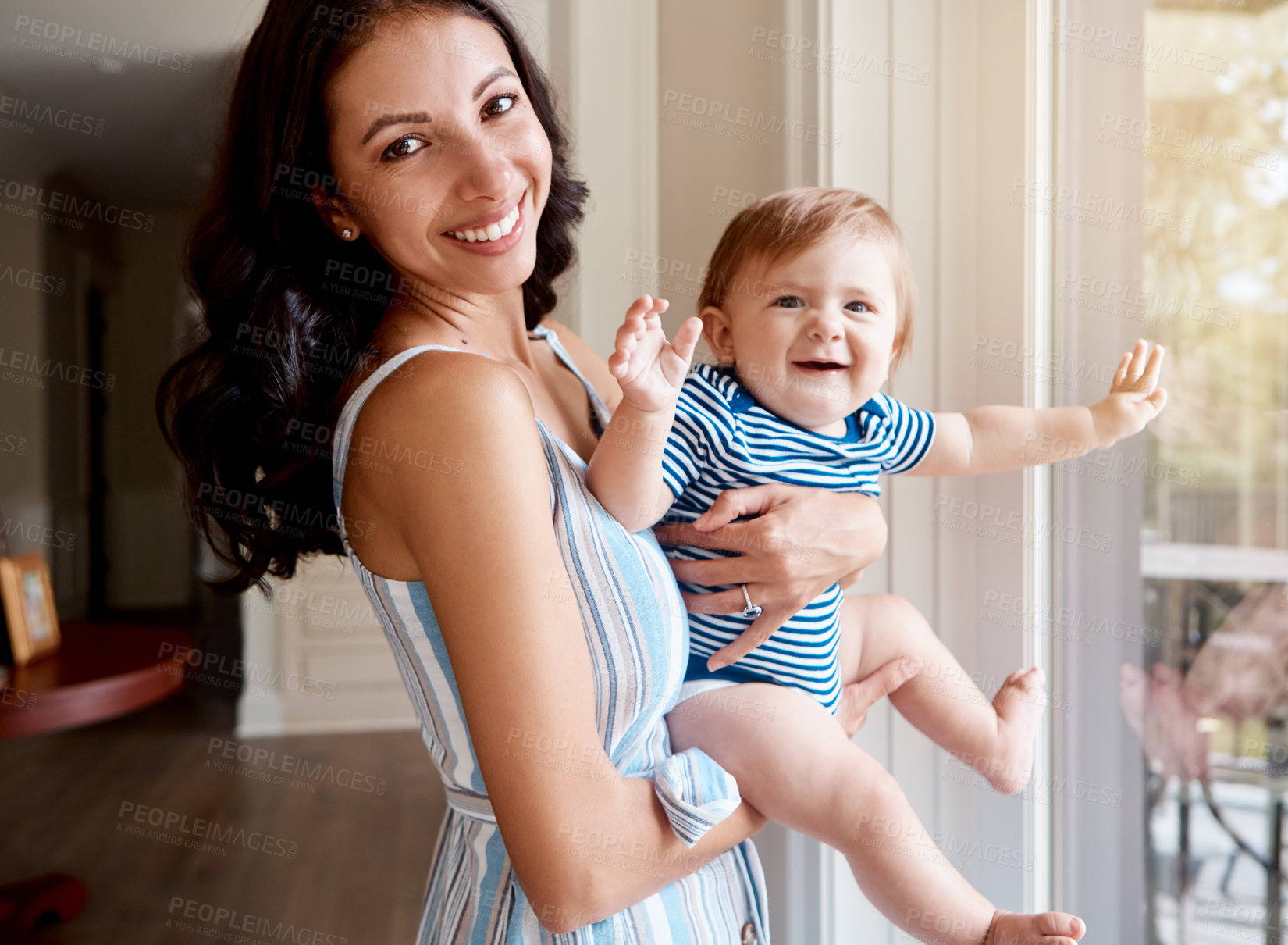 Buy stock photo Portrait of a mother bonding with her baby boy at home