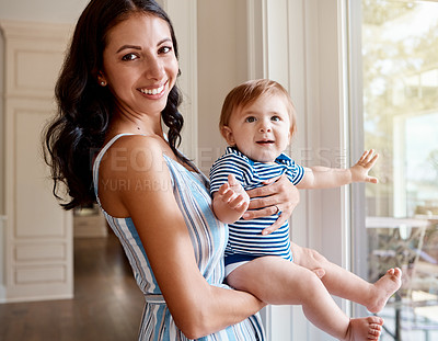 Buy stock photo Portrait of a mother bonding with her baby boy at home