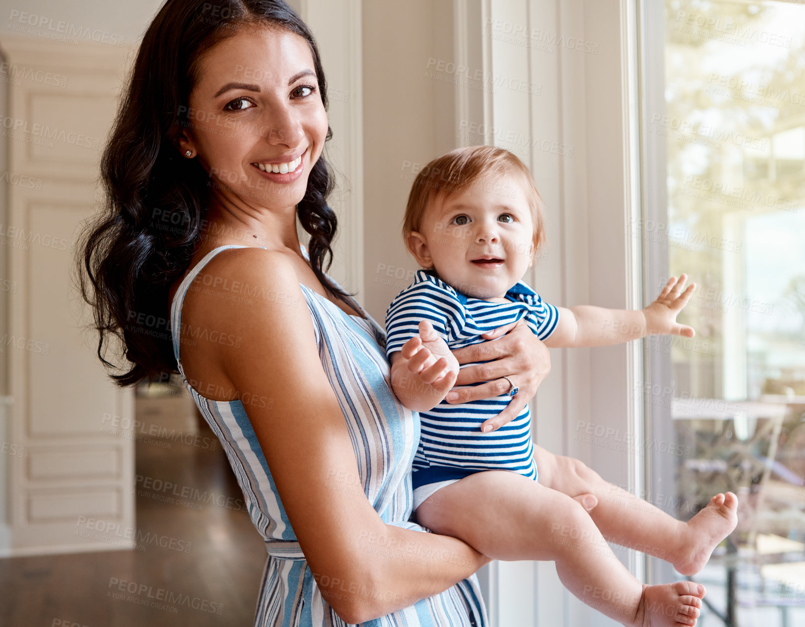 Buy stock photo Portrait of a mother bonding with her baby boy at home