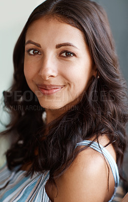 Buy stock photo Portrait of an attractive young woman at home