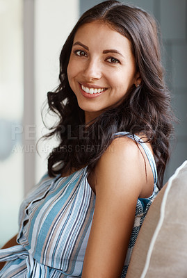 Buy stock photo Portrait of an attractive young woman at home