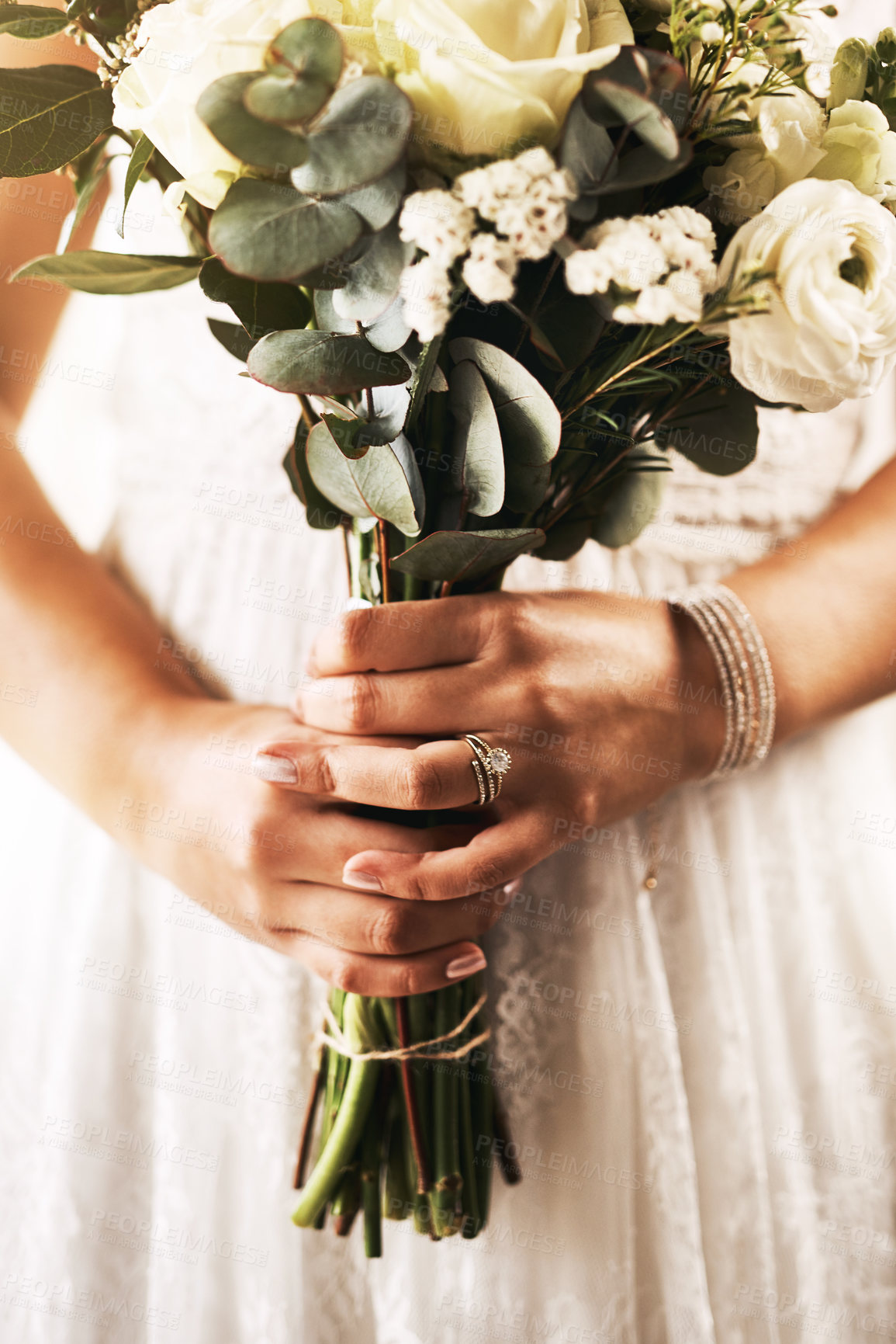 Buy stock photo Wedding, bouquet and hands of woman with flowers for marriage, celebration and special event. Female person, elegant and bride with bunch of plants for matrimony, ceremony and floral arrangement