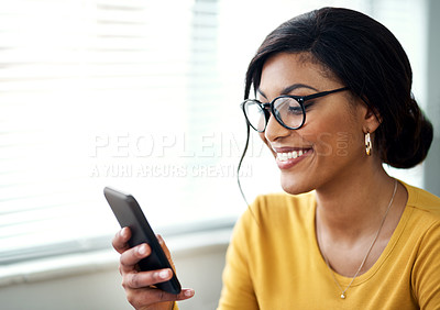 Buy stock photo Phone, search and happy woman reading online, social media post or networking on internet for job opportunity. Creative, communication or startup person, glasses and mobile app, Web 3.0 and home chat