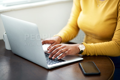 Buy stock photo Typing, computer and woman hands for planning, website research and creative blog with remote work or opportunity, Startup, software and person search job on laptop, copywriting ideas or inspiration