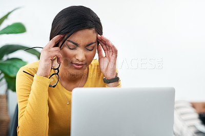 Buy stock photo Stress, headache and business woman on computer thinking of mistake, health problem or work from home burnout. Depressed, anxiety and fatigue or migraine pain of african person or designer on laptop