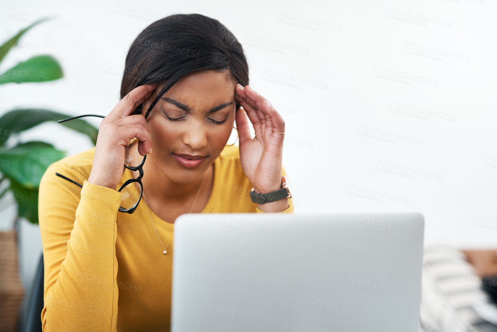 Buy stock photo Stress, headache and business woman on computer thinking of mistake, health problem or work from home burnout. Depressed, anxiety and fatigue or migraine pain of african person or designer on laptop
