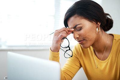 Buy stock photo Business woman, stress and headache on laptop with pain, mental health problem and burnout or anxiety risk. Depressed, tired and fatigue person with glasses, migraine and sad, frustrated on computer