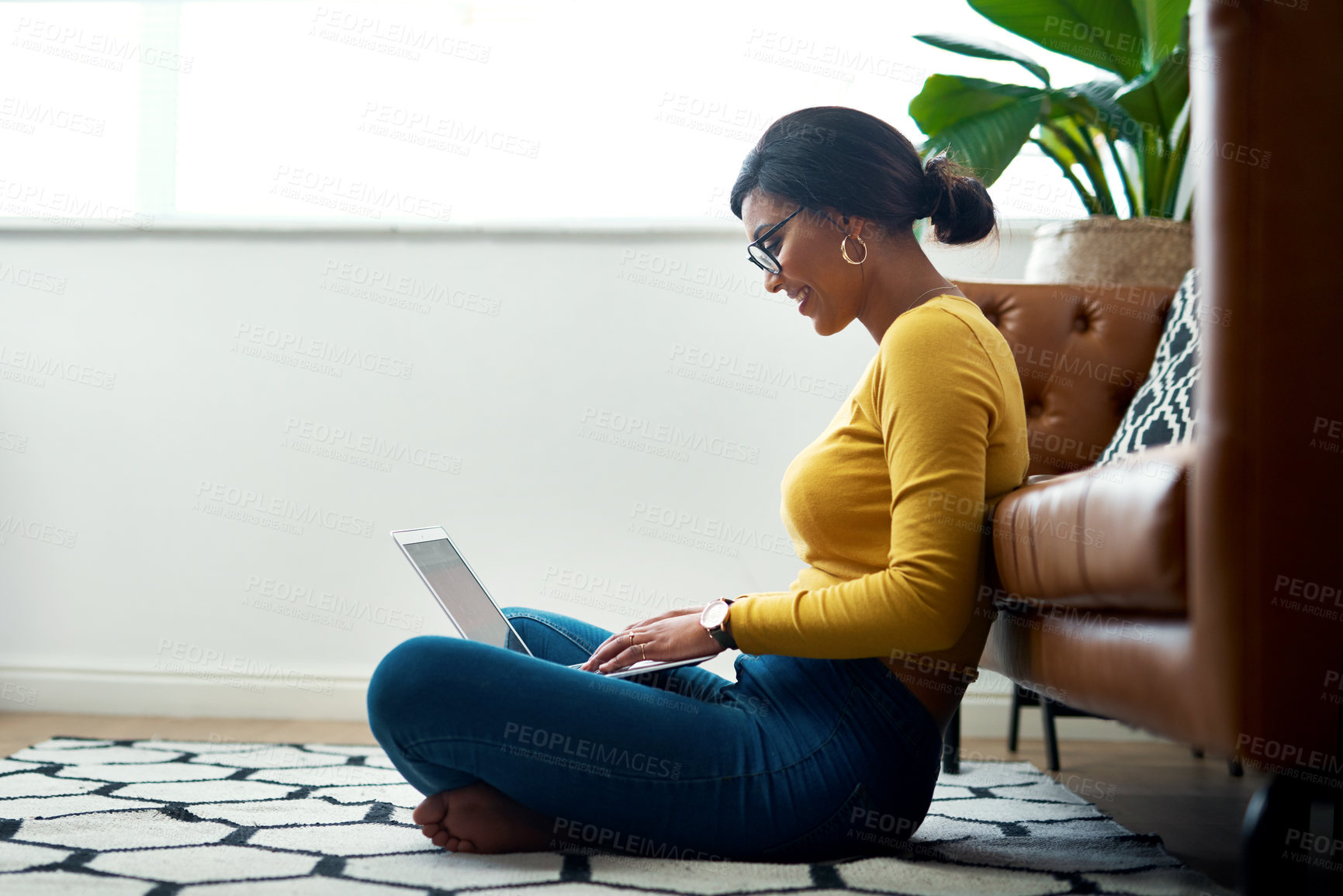 Buy stock photo Floor, laptop and woman for work from home, studying and e learning or education on college website. Relax, carpet and young person or student on computer, internet connection elearning platform