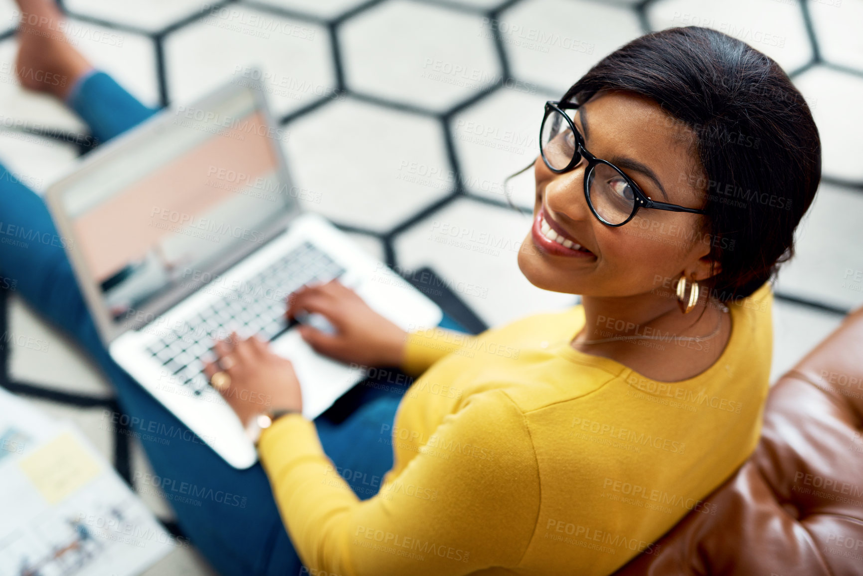 Buy stock photo Planning, portrait and woman on laptop screen, creative and website design for designer business or research. Happy, young person typing, copywriting and working on computer and relax on carpet floor