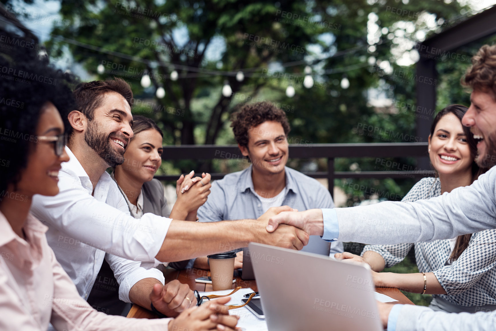 Buy stock photo Cafe, business people and shaking hands for partnership, agreement and teamwork in finance project. B2B, professional career and accountant for collaboration, cooperation or solidarity with handshake