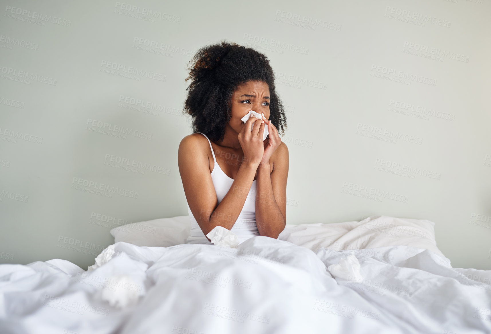 Buy stock photo Ill, woman and tissue for nose in bed with allergies, flu virus or health problem in bedroom. Mockup space, person or sneeze in toilet paper in home with hayfever, viral infection and sick in morning