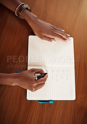 Buy stock photo Checklist, notebook and hands of woman writing in book for planning, organization and to do list at home. Brainstorming, notes and above of female person write goals, agenda and schedule in journal