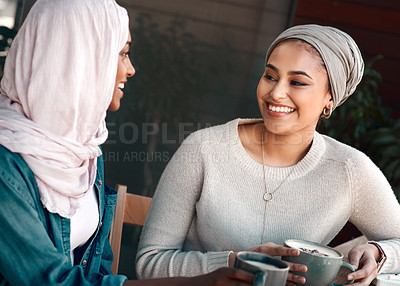 Buy stock photo Friends, coffee shop and muslim with women in cafe for conversation, food and social. Happy, relax and culture with arabic female customer in restaurant for discussion, happiness and meeting