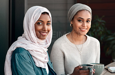Buy stock photo Friends, portrait and muslim with women in cafe for drink, food and social. Happy, relax and culture with arabic female customer in Dubai restaurant for lunch, happiness and coffee meeting