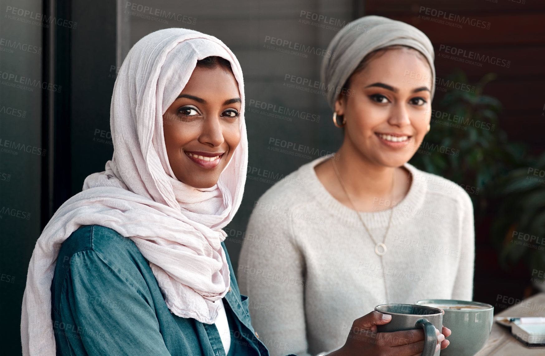 Buy stock photo Friends, portrait and muslim with women in cafe for drink, food and social. Happy, relax and culture with arabic female customer in Dubai restaurant for lunch, happiness and coffee meeting